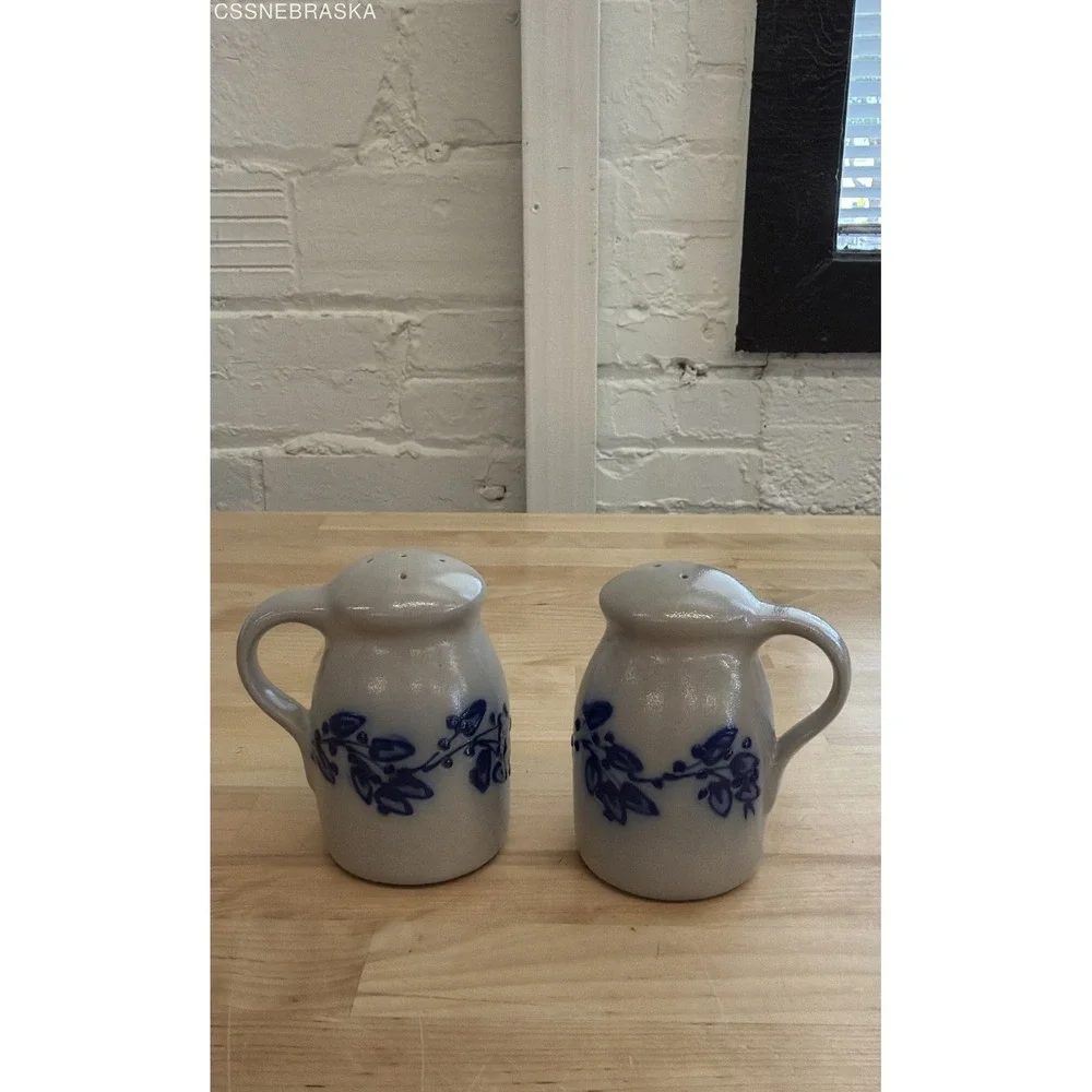 Vintage Salt Glaze Stoneware Salt and Pepper Shakers Blue Floral 2 Piece Set